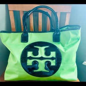 Tory Burch green nylon carry on/tote w/ makeup bag